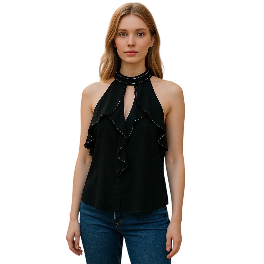 Parker Blouse Womens S Small Black Silk Halter Keyhole Sleeveless Ruffle NWT
